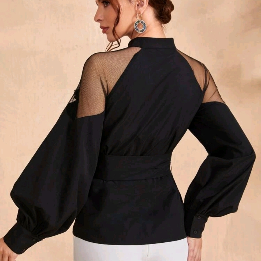 Mock Neck Pearl Beaded Appliques Belted Contrast Mesh Blouse - Picture 3 of 4